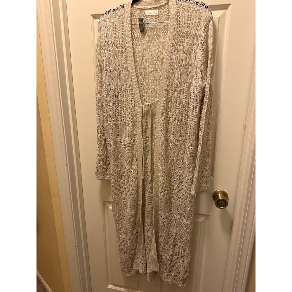 LC Lauren Conrad Cream Pointelle Knit Duster Cardigan Tie Front Large